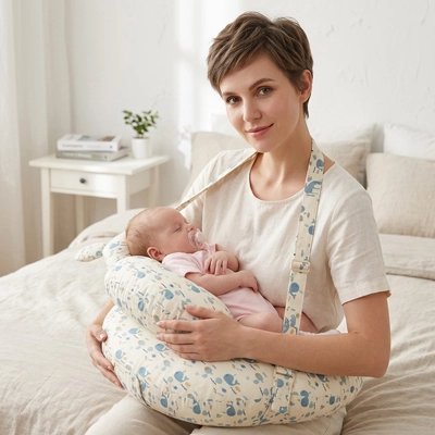 Coussin allaitement bleu maman assis sur lit avec bébé