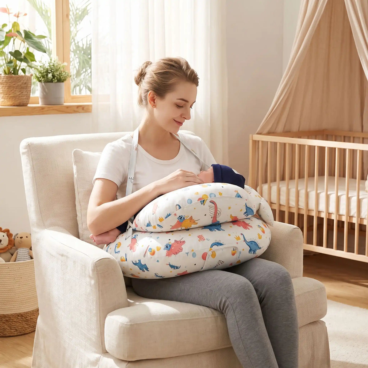 coussin allaitement bleue animal maman berce bébé qui dort
