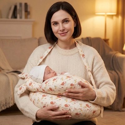 Coussin allaitement saumon maman tient bébé qui dort dans les bras