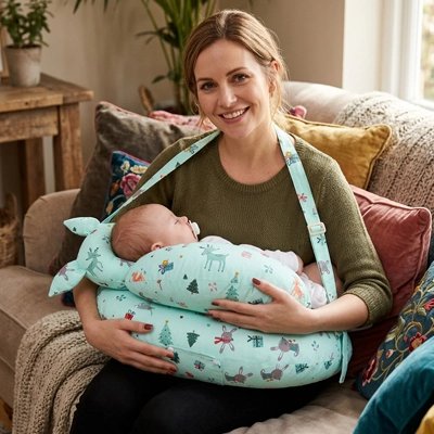 Coussin allaitement vert noel maman souris avec bébé dans les mains