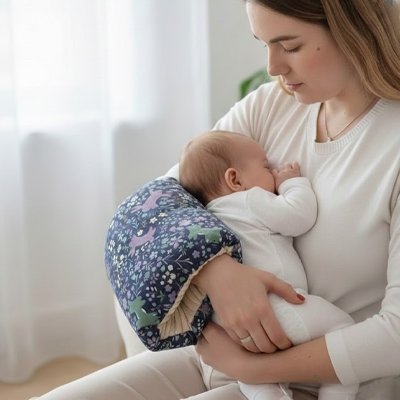 Coussin d'allaitement bleu bébé dort sur maman