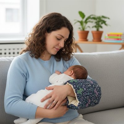 Coussin d'allaitement bleu maman regarde  bébé