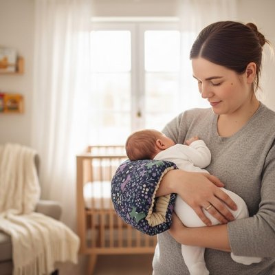 Coussin d'allaitement bleu maman tient bébé debout