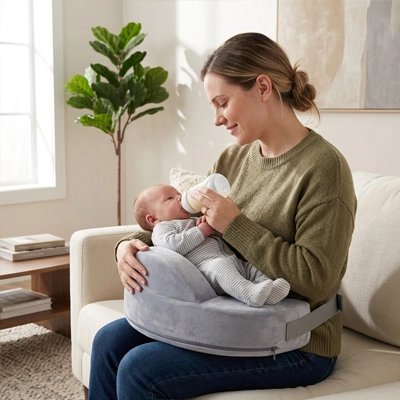 Coussin d'allaitement gris bébé prend biberon