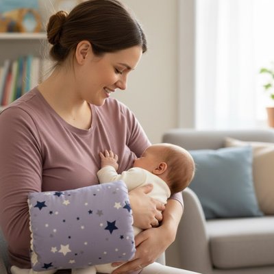 Coussin d'allaitement violet maman souri a bébé
